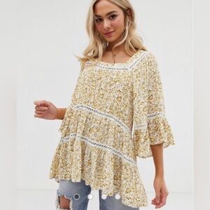 Free People Talk About It Tunic Boho Floral Crochet Tiered Top Size Medium